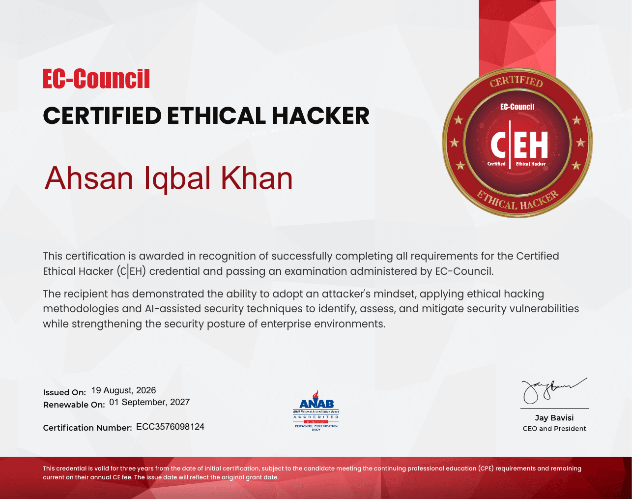 Certified Ethical Hacker (C|EH) certificate
